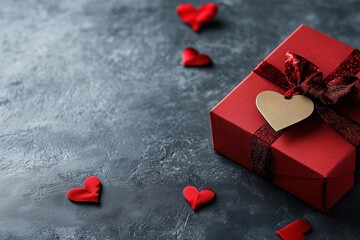 Gift box decorated with hearts for a special occasion with tag on a dark textured surface. Concept of Saint Valentine Day and 8 Mart celebration.