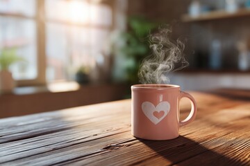 Hot cup of coffee with heart design sits on rustic wooden table in bright cozy cafe. Concept of Saint Valentine Day and 8 Mart celebration.