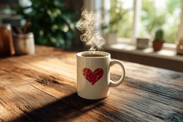 Hot cup of coffee with heart design sits on rustic wooden table in bright cozy cafe. Concept of Saint Valentine Day and 8 Mart celebration.