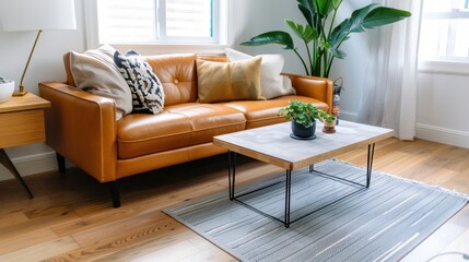 Cozy living room with leather sofa, plants, modern decor, and wooden accents in warm and inviting atmosphere