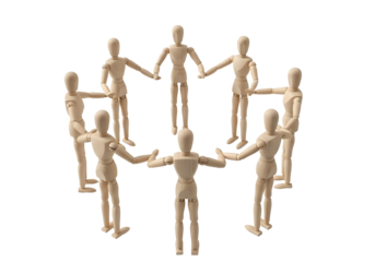 Wooden mannequin figures forming a circle holding hands isolated on transparent background