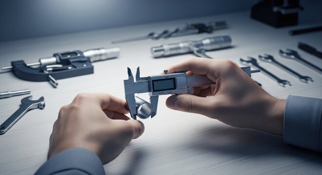 Precision Measurement in Workshop with Caliper and Various Tools on Table
