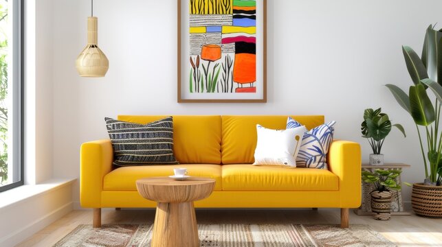Bright and Modern Living Room with Yellow Sofa and Colorful Artwork on Wall