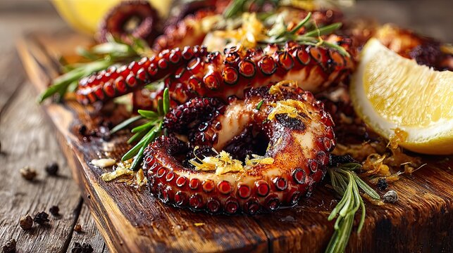 Close-up of grilled octopus or squid tentacles served with fried onions, lemon zest, herbs and spice