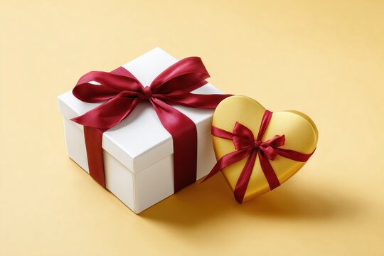 White gift boxe and yellow silk heart with red bants on a soft yellow background. Concept of Saint Valentine Day and 8 Mart celebration.