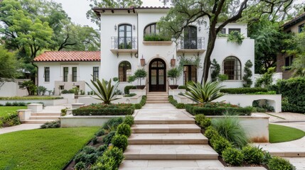 Obraz premium Elegant Modern Villa with Lush Landscaping and Inviting Entrance in a Serene Residential Neighborhood