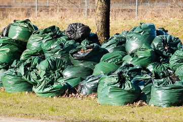 green plastic bags with garbage on the grass after cleaning