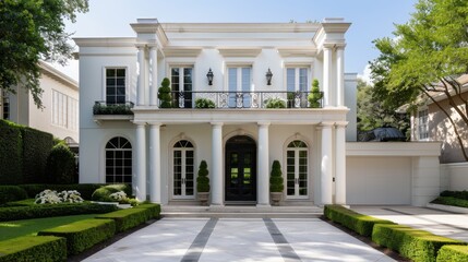 Obraz premium Elegant White Luxury Home with Lush Landscaping and Classic Architectural Details Under Blue Sky
