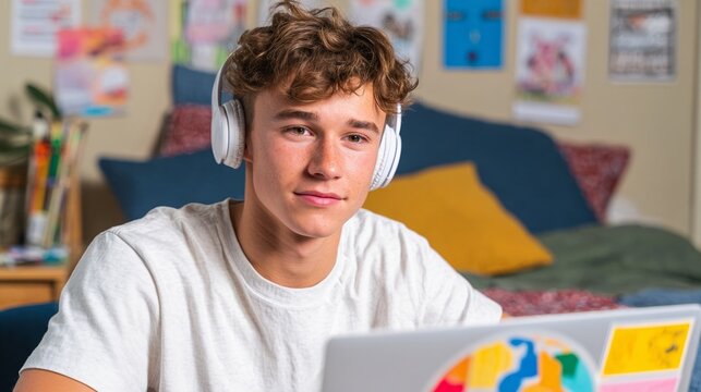 Young man using laptop and headphones in room.