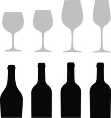 Collection of elegant wine glasses and bottle silhouettes featuring modern drinkware shapes, alcohol icons, beverage elements, and stylish bar accessories for creative design projects