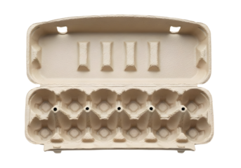 Empty beige cardboard egg carton for ten eggs isolated on transparent background