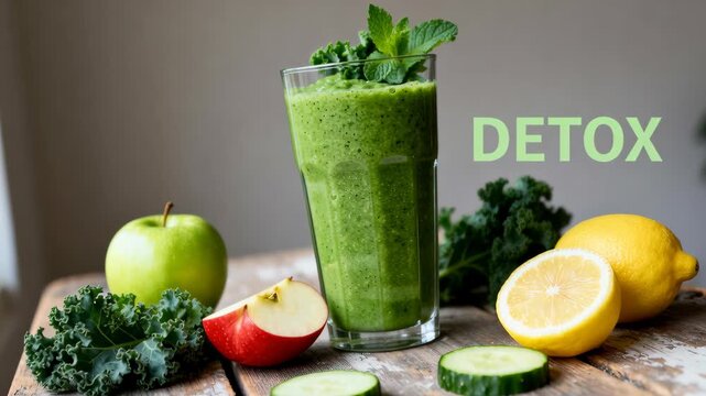 Glass of green smoothie garnished with mint surrounded by fresh apples, kale, cucumber slices, and lemons on a rustic wooden table. Text "DETOX" emphasizes health and wellness.