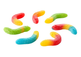Colorful gummy worms arranged in a star shape isolated on transparent background
