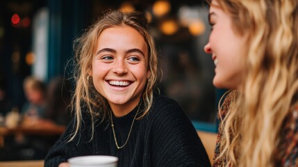 Woman and man sitting at a table in an outdoor cafe, smiling and enjoying their time together.