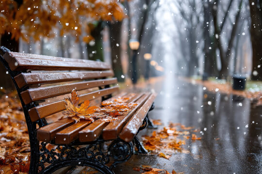 Empty park bench with autumn leaves during snowfall