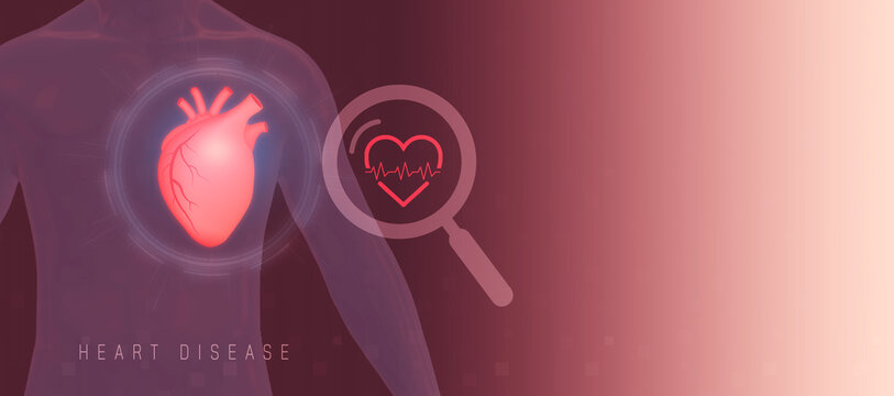 Heart disease concept. coronary heart disease, cerebrovascular disorders, heart failure, valve abnormalities, chest pain, arrhythmia, cardiovascular risks on a vintage medical banner background