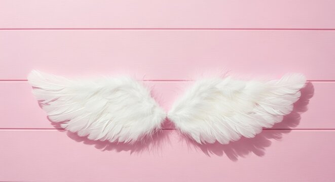 White feather angel wings on pink wooden background for valentine concept
