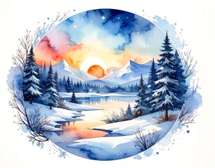 A serene watercolor scene of a snowy landscape in a circular frame. Mountain range overlooks a frozen lake under a vibrant sunset sky