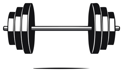 Stylized black barbell with multiple weight plates for strength training and fitness workouts vector illustration