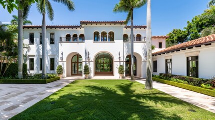 Naklejka premium Elegant Spanish-Style Villa with Lush Landscape and Palm Trees in Bright Sunshine