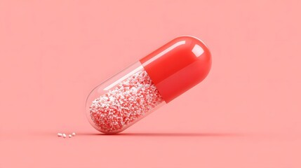 Close up of a single transparent phar eutical capsule containing numerous small red and white granular particles resting on a seamless pink studio background with a few scattered dots
