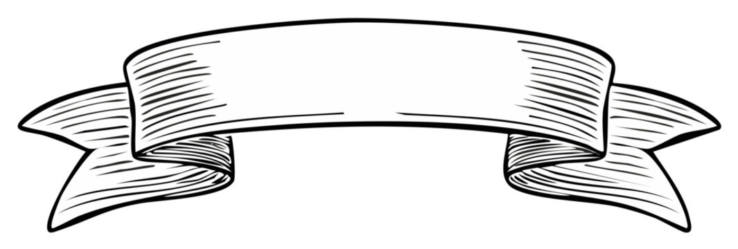 Elegant vintage style blank ribbon banner illustration with hand drawn folds and empty space for text
