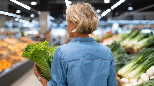 Woman shopping at grocery store holding vegetables.