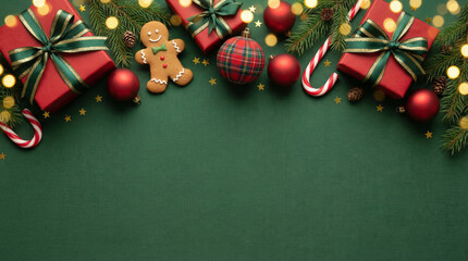 A festive Christmas composition featuring red gift boxes with thin gold stripes and dark green satin ribbons, a cute gingerbread man cookie, a red and green plaid tartan bauble, matte red ornaments