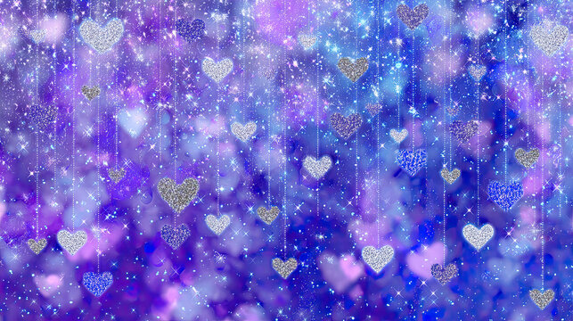 Purple and blue glitter background with silver hearts and stars, featuring hanging strings of heart-shaped decorations, perfect valentine&rsquo;s day backdrop for romantic celebration, love-themed party and