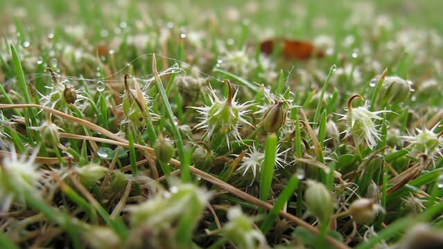 Close up of cracked ice surface with leaves frozen inside and snow around the edges of the ice