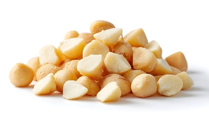 Close up view of a heap of raw halved adamia nuts showcasing their smooth beige skin and creamy white kernel isolated on a pure white background