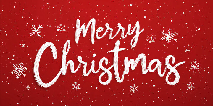 Merry Christmas white script text on red background with snowflakes