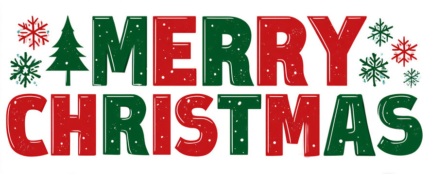 Merry Christmas festive holiday text with decorative Christmas trees and snowflakes
