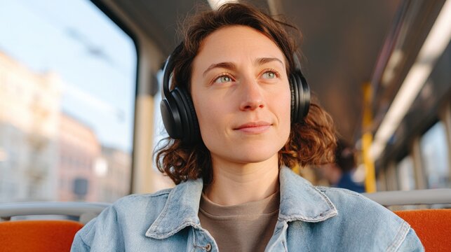 Woman wearing headphones on train