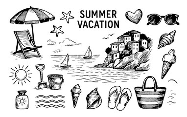 Hand-Drawn Summer Vacation Icons and Beach Elements Illustration