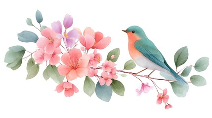 Charming watercolor artwork of a small robin perched on a tree branch adorned with delicate pastel pink and purple blossoms and green leaves evoking a spring theme