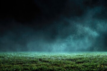 A dark green field with illuminated fog under a starry night sky
