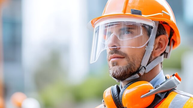 A professional construction worker equipped with an orange hard hat clear face shield goggles and hi vis vest looks intently to the side signifying readiness and safety protocols