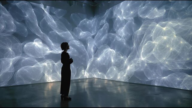 Persons silhouette observes futuristic immersive digital art installation, glowing abstract technology display