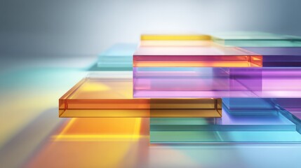 Layered frosted glass rectangles capture holographic light diffusion in clean minimalist space Vibrant gradients softly refract producing luminous