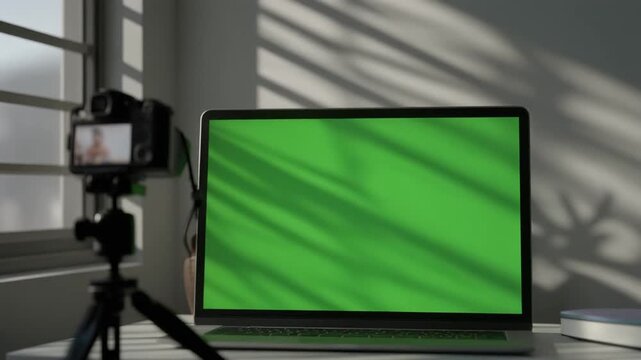 Modern home studio setup with a green screen laptop and tripod camera, ideal for digital content creation, live streaming, video production, or virtual meetings - Powered by Adobe