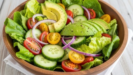 Fresh and Healthy Salad with Avocado Cucumber Tomatoes