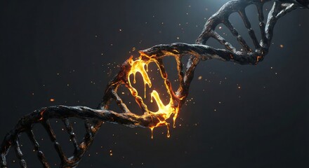 Dramatic 3D render of a dark, decaying DNA double helix breaking apart, with the gap filled by molten, glowing liquid symbolizing genetic damage or mutation.