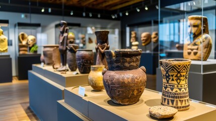 Collection of Ethnic Artifacts Displayed in Modern Museum Setting with Diverse Ceramics and Sculptures