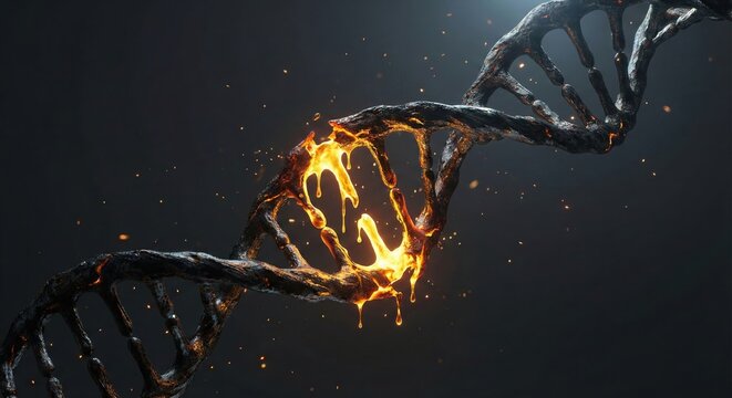 Dramatic 3D render of a dark, decaying DNA double helix breaking apart, with the gap filled by molten, glowing liquid symbolizing genetic damage or mutation. - Powered by Adobe