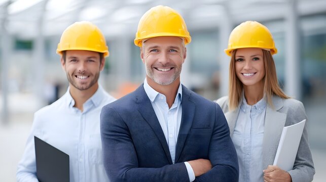 A diverse team of confident engineers or architects with men and a woman sport safety helmets and professional attire while posing outdoors for a group portrait