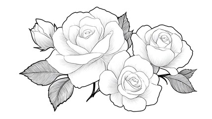 Elegant monochrome sketch illust n of a cluster of classic roses in various stages of bloom featuring intricate petal detail and delicate shading