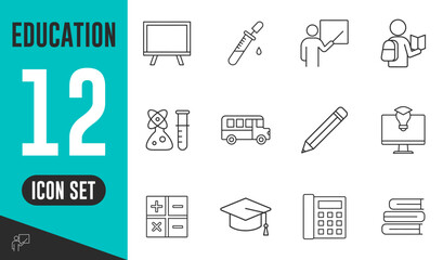 Education line icons set. Vector illustration in modern thin line style of school icons, school subjects, supplies, science, and online learning, teacher, book, student