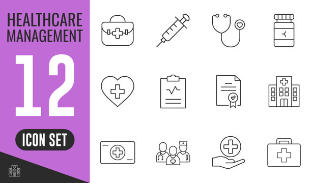 Healthcare Management line icons set. Vector illustration in modern thin line style of medicine related icons certification, control, medical provider, plus, heart, doctor, nurse, medicine