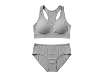 Gray lace trimmed sports bra and high waisted panty set isolated on transparent background